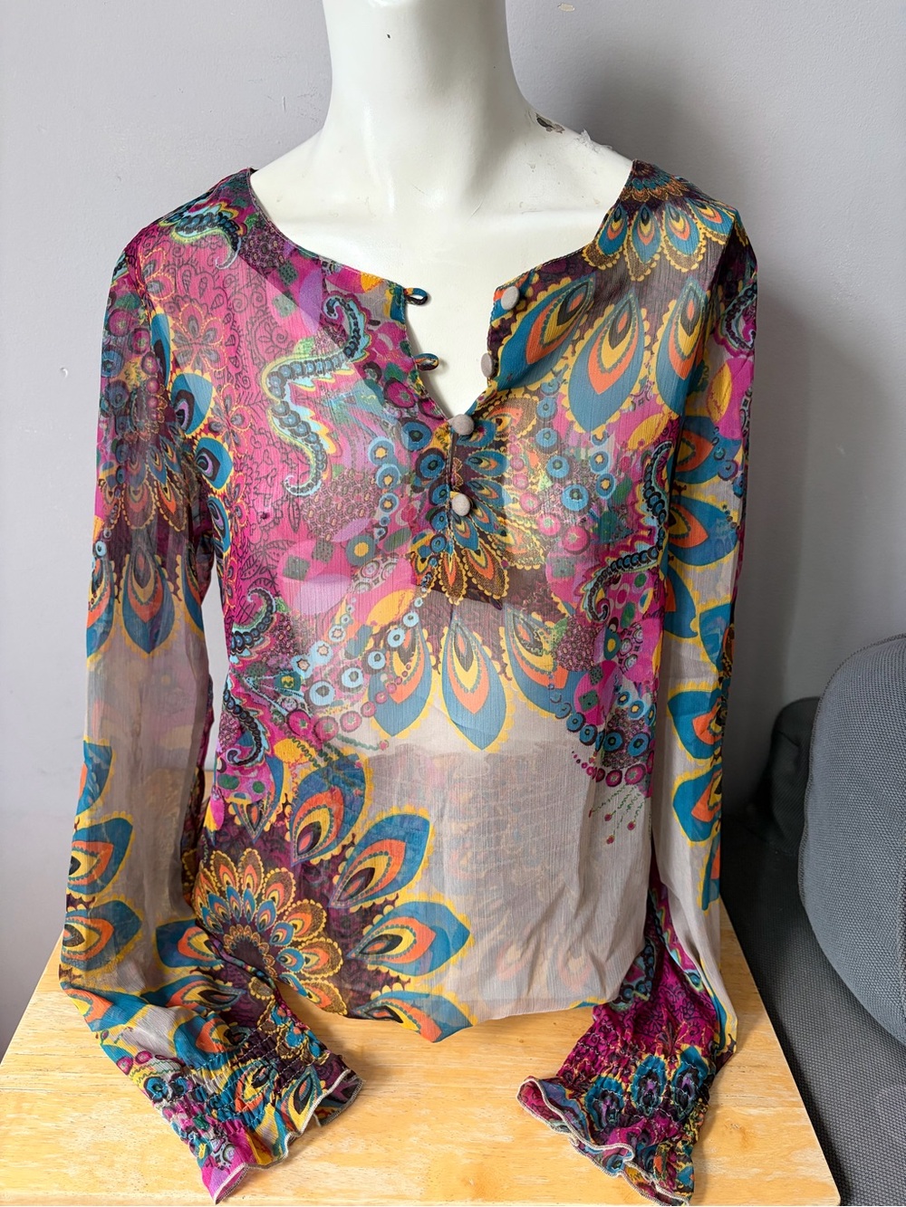 Desigual Sheer Floral Print Henley Top